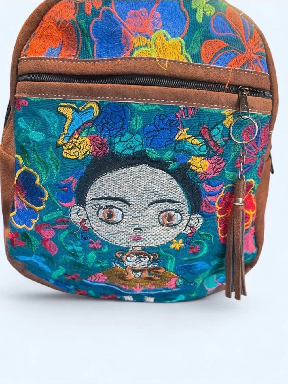 Source Unknown Blue Multicolor Embroidered Mini Backpack with Brown Trim